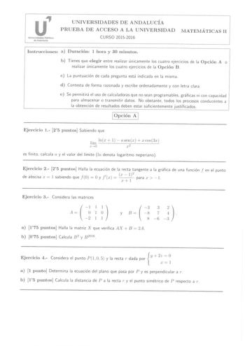 Examen de Matemáticas II (PAU de 2016)