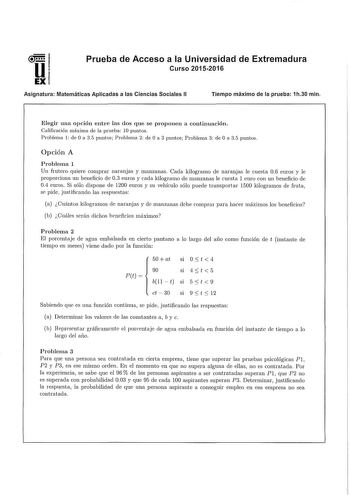 Examen de Matemáticas Aplicadas a las Ciencias Sociales (PAU de 2016)