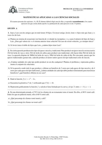 Examen de Matemáticas Aplicadas a las Ciencias Sociales (PAU de 2011)