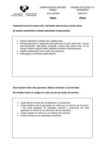 Examen de Física (PAU de 2011)