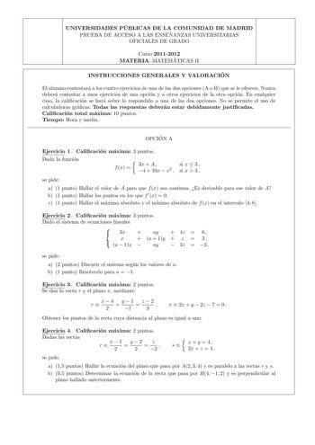 Examen de Matemáticas II (PAU de 2012)