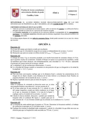 11 Pruebas de Acceso a enseñanzas universitarias oficiales de grado Castilla y León  FÍSICA EJERCICIO N Páginas 2 OPTATIVIDAD EL ALUMNO DEBERÁ ELEGIR OBLIGATORIAMENTE UNA DE LAS DOS OPCIONES QUE SE PROPONEN A o B Y DESARROLLAR LOS 5 EJERCICIOS DE LA MISMA CRITERIOS GENERALES DE EVALUACIÓN  Todos los ejercicios se puntuarán de la misma manera sobre un máximo de 2 puntos La calificación final se obtendrá sumando las notas de los 5 ejercicios de la opción escogida  Las fórmulas empleadas en la res…