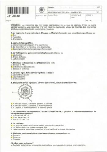 Biología       100 11111111111111 11 03100630 Nin guno Septiem bre  2017 PRUEBA DE ACCESO A LA UNIVERSIDAD Duración 90 min EXAMEN Tipo e Mixto 03 MODELO 14 Hoja 1 de 2 ATENCIÓN LAS PREGUNTAS DEL TEST DEBEN RESPONDERSE EN LA HOJA DE LECTURA ÓPTICA LA PARTE CORRESPONDIENTE A LAS PREGUNTAS TIPO TEST TIENE UNA PUNTUACIÓN MÁXIMA DE 5 PUNTOS LAS RESPUESTAS ERRÓNEAS Y LAS PREGUNTAS SIN CONTESTAR NO PENALIZAN 1 Un fragmento de una molécula de DNA que codifica la información para un carácter específico …