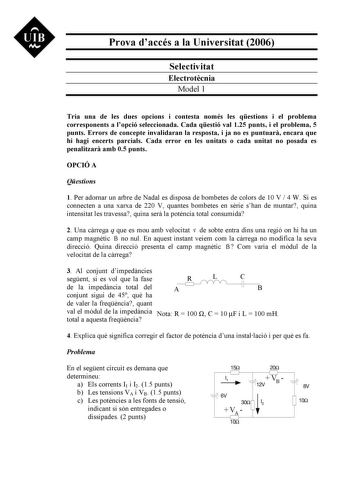 Examen de Electrotecnia (selectividad de 2006)