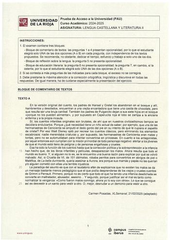 Examen de Lengua Castellana y Literatura (EBAU de 2025)