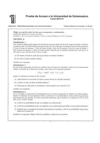Examen de Matemáticas Aplicadas a las Ciencias Sociales (PAU de 2013)