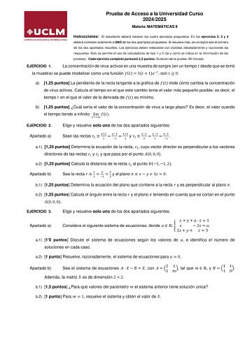 Examen de Matemáticas II (EvAU de 2025)