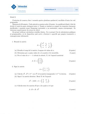 Model 3 Contestau de manera clara i raonada quatre questions qualssevol escollides dentre les vuit proposades Disposau de 90 minuts Cada questio es puntua sobre 10 punts La qualicacio nal sobte de dividir el total de punts obtinguts entre 4 Nomes es tindran en compte les respostes clarament justicades i raonades usant llenguatge matematic o no matematic segons correspongui Es valoraran negativament els errors de calcul Es permet utilitzar calculadora cientca basica No es permet lus de calculado…