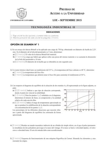 UNIVERSIDAD DE CANTABRIA PRUEBAS DE ACCESO A LA UNIVERSIDAD LOE  SEPTIEMBRE 2015 TECNOLOGÍA INDUSTRIAL II INDICACIONES 1 Elige una de las dos opciones y contesta todas sus cuestiones 2 Máxima puntuación de cada una de las preguntas 2 PUNTOS OPCIÓN DE EXAMEN N 1 1 En un ensayo de dureza Brinell se ha aplicado una carga de 750 kp obteniendo un diámetro de huella de 225 mm Si el diámetro de la bola del penetrador es 5 mm determinar a 05 PUNTOS El valor de la dureza Brinell del material b 1 PUNTO L…