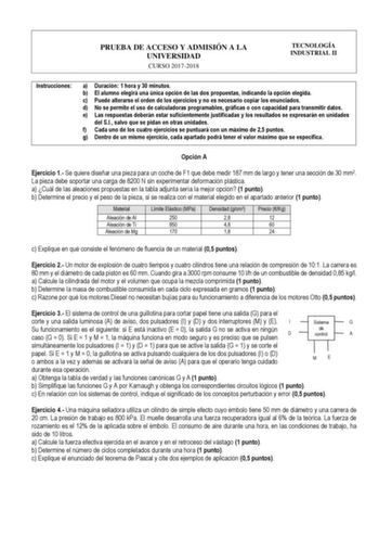 PRUEBA DE ACCESO Y ADMISIÓN A LA UNIVERSIDAD CURSO 20172018 TECNOLOGÍA INDUSTRIAL II Instrucciones a Duración 1 hora y 30 minutos b El alumno elegirá una única opción de las dos propuestas indicando la opción elegida c Puede alterarse el orden de los ejercicios y no es necesario copiar los enunciados d No se permite el uso de calculadoras programables gráficas o con capacidad para transmitir datos e Las respuestas deberán estar suficientemente justificadas y los resultados se expresarán en unid…