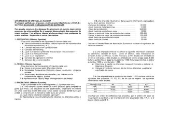 UNIVERSIDAD DE CASTILLALA MANCHA Pruebas de aptitud para el acceso a la Universidad Bachillerato L0GSE MATERIA ECONOMÍA Y ORGANIZACIÓN DE EMPRESAS Esta prueba consta de tres bloques En el primero el alumno elegirá cinco preguntas de ocho posibles En el segundo bloque elegirá dos preguntas de cuatro posibles Y en el tercer bloque el alumno elegirá dos problemas de cuatro posibles Se permite el uso de calculadora 1 PREGUNTAS Máximo 2 puntos Elige cinco preguntas de las siguientes 04 puntos cada u…