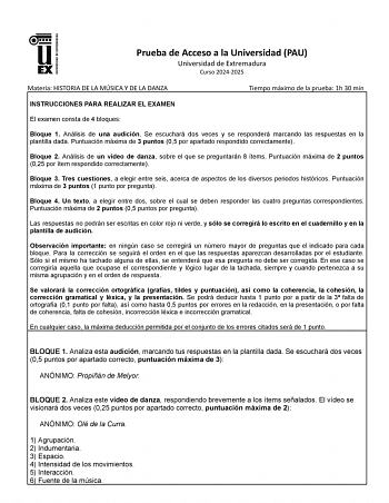 Examen de Historia de la Música y de la Danza (EBAU de 2025)