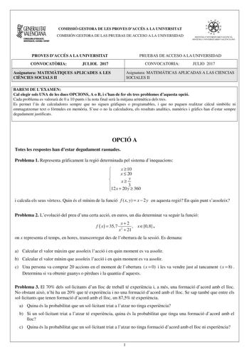 Examen de Matemáticas Aplicadas a las Ciencias Sociales (PAU de 2017)