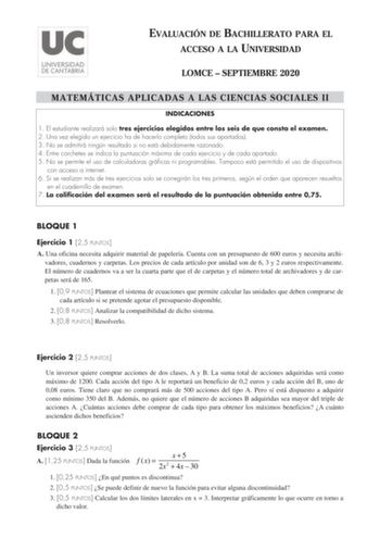 Examen de Matemáticas Aplicadas a las Ciencias Sociales (EBAU de 2020)