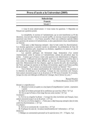 Examen de Francés (selectividad de 2005)