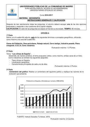 HHiilllit UNIVERSIDADES PÚBLICAS DE LA COMUNIDAD DE MADRID EVALUACIÓN PARA EL ACCESO A LAS ENSEÑANZAS UNIVERSITARIAS OFICIALES DE GRADO Curso 20162017 MATERIA GEOGRAFÍA INSTRUCCIONES GENERALES Y CALIFICACIÓN Después de leer atentamente todas las preguntas el alumno deberá escoger una de las dos opciones propuestas y responder a las cuestiones de la opción elegida CALIFICACIÓN El valor de las preguntas se asigna al final de su enunciado TIEMPO 90 minutos OPCIÓN A 1 Parte Defina en el cuadernillo…