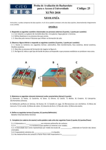 Proba de Avaliación do Bacharelato para o Acceso á Universidade XUÑO 2018 Código 25 XEOLOXÍA Instrucións a proba componse de dúas opcións A e B Só se poderá contestar unha das dúas opcións desenvolvendo integramente o seu contido OPCIÓN A 1 Responde as seguintes cuestións relacionadas cos procesos externos 3 puntos 1 punto por cuestión 11 Con relación a un glaciar de montaña describe circo glaciar lingua glaciar e morenas 12 Define diaxénese e os procesos dos que consta 1 3 Describe polo menos …