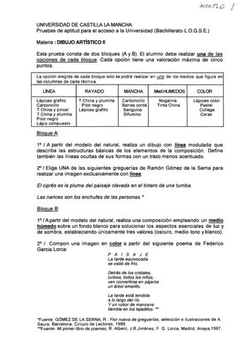 n a Vtcr 1 I UNIVERSIDAD DE CASTILLA LA MANCHA Pruebas de aptitud para el acceso a la Universidad Bachillerato LOGSE Materia  DIBUJO ARTÍSTICO 11 Esta prueba consta de dos bloques A y B El alumno debe realizar una de las opciones de cada bloque Cada opción tiene una valoración máxima de cinco puntos La opción elegida de cada bloque solo se podrá realizar en  de los medios que figura en las columnas de cada técnica lÍNEA RAYADO MANCHA MedHUMEOOS COLOR Lápices grafito Carboncillo TChina y pincel …