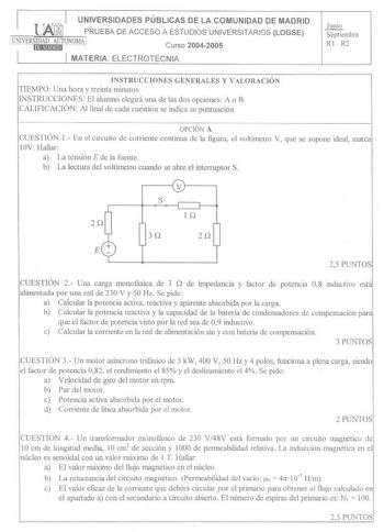 Examen de Electrotecnia (selectividad de 2005)