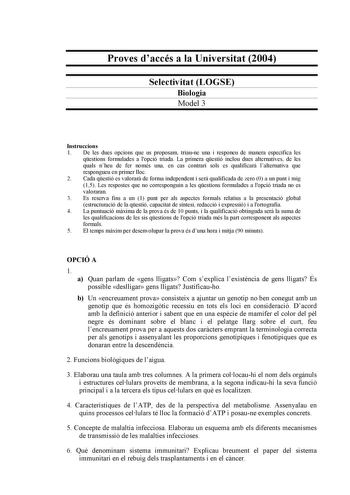 Examen de Biología (selectividad de 2004)