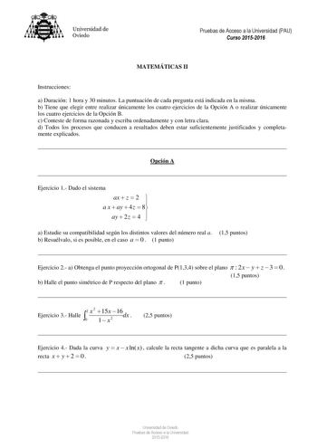 Examen de Matemáticas II (PAU de 2016)