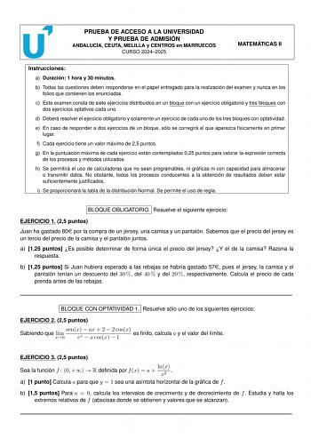 Examen de Matemáticas II (PEvAU de 2025)