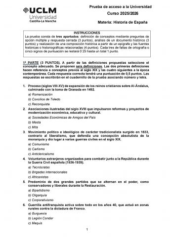 Historia de España – EvAU Castilla-La Mancha (2026)