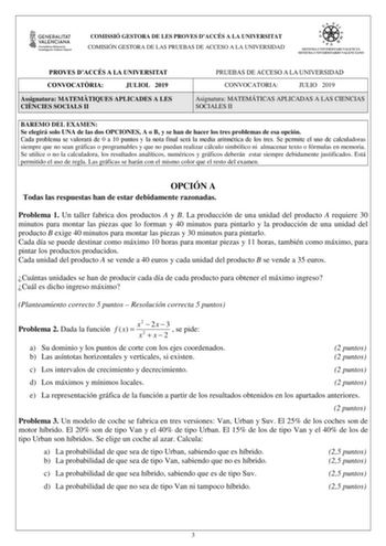 Examen de Matemáticas Aplicadas a las Ciencias Sociales (PAU de 2019)