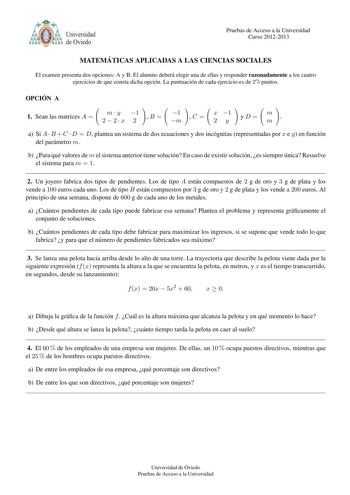 Examen de Matemáticas Aplicadas a las Ciencias Sociales (PAU de 2013)