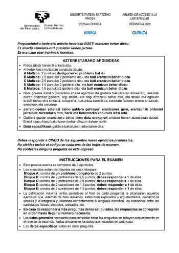 Examen de Química (EAU de 2025)