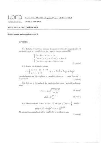 Examen de Matemáticas II (EvAU de 2019)