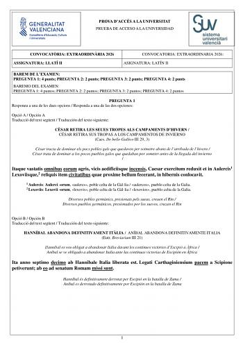 Latín II – PAU Comunidad Valenciana (2026)