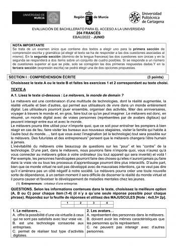 Examen de Francés (EBAU de 2022)