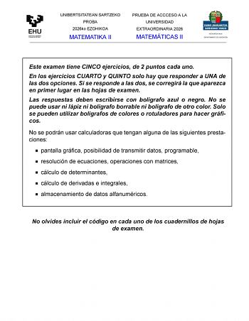 Matemáticas II – EAU País Vasco (2026)