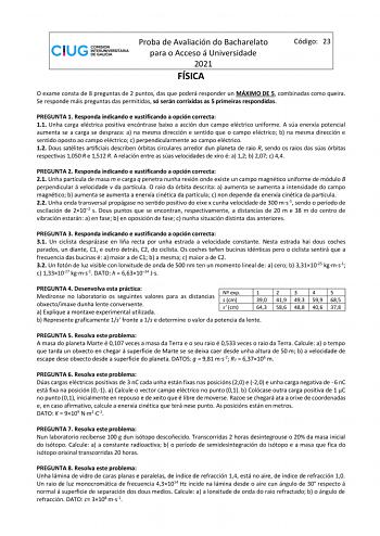 Proba de Avaliación do Bacharelato para o Acceso á Universidade 2021 FÍSICA Código 23 O exame consta de 8 preguntas de 2 puntos das que poderá responder un MÁXIMO DE 5 combinadas como queira Se responde máis preguntas das permitidas só serán corrixidas as 5 primeiras respondidas PREGUNTA 1 Responda indicando e xustificando a opción correcta 11 Unha carga eléctrica positiva encóntrase baixo a acción dun campo eléctrico uniforme A súa enerxía potencial aumenta se a carga se despraza a na mesma di…