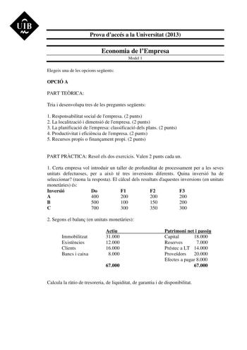 UIB M Prova daccés a la Universitat 2013 Economia de lEmpresa Model 1 Elegeix una de les opcions segents OPCIÓ A PART TERICA Tria i desenvolupa tres de les preguntes segents 1 Responsabilitat social de lempresa 2 punts 2 La localització i dimensió de lempresa 2 punts 3 La planificació de lempresa classificació dels plans 2 punts 4 Productivitat i eficincia de lempresa 2 punts 5 Recursos propis o finanament propi 2 punts PART PRCTICA Resol els dos exercicis Valen 2 punts cada un 1 Certa empresa …