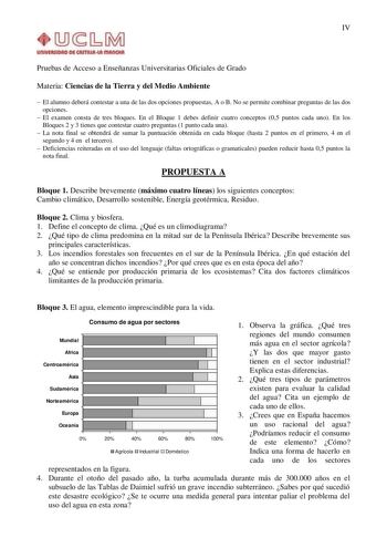 IV un1YlllllOAD Dl AmlAul IIIAnOtA Pruebas de Acceso a Enseñanzas Universitarias Oficiales de Grado Materia Ciencias de la Tierra y del Medio Ambiente  El alumno deberá contestar a una de las dos opciones propuestas A o B No se permite combinar preguntas de las dos opciones  El examen consta de tres bloques En el Bloque 1 debes definir cuatro conceptos 05 puntos cada uno En los Bloques 2 y 3 tienes que contestar cuatro preguntas 1 punto cada una  La nota final se obtendrá de sumar la puntuación…