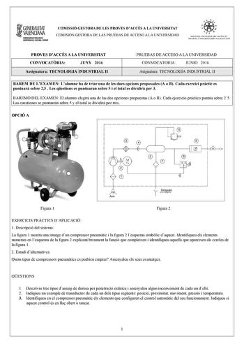 GENERALITAT VALENCIANA CONSWRIA DDUCACIÓ INYISTIGACIÓ CULTURA 1SPORT COMISSIÓ GESTORA DE LES PROVES DACCÉS A LA UNIVERSITAT COMISIÓN GESTORA DE LAS PRUEBAS DE ACCESO A LA UNIVERSIDAD iii   1 l n  SISTEltA UNI VERSITARJ VA LENCI Á SISTEMA IJNIVERSITAR IO VA LENCIANO PROVES DACCÉS A LA UNIVERSITAT CONVOCATRIA JUNY 2016 Assignatura TECNOLOGIA INDUSTRIAL II PRUEBAS DE ACCESO A LA UNIVERSIDAD CONVOCATORIA JUNIO 2016 Asignatura TECNOLOGÍA INDUSTRIAL II BAREM DE LEXAMEN Lalumne ha de triar una de les …