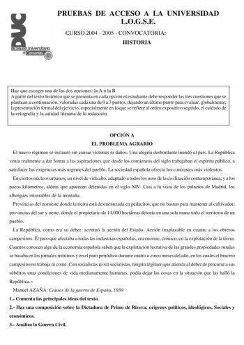 Examen de Historia de España (selectividad de 2005)