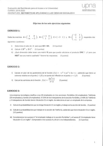 Examen de Matemáticas Aplicadas a las Ciencias Sociales (EvAU de 2020)