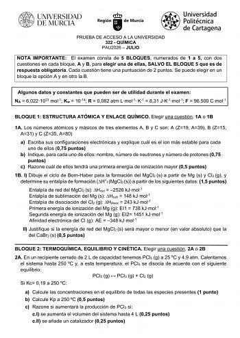 Química – EBAU Región de Murcia (2026)