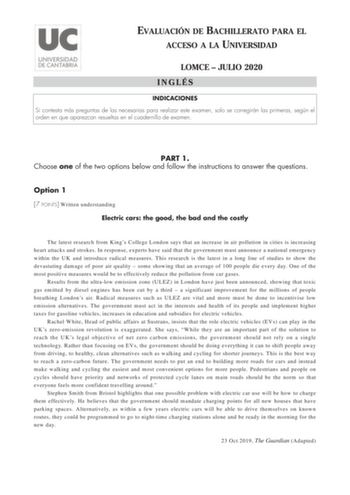 Examen de Inglés (EBAU de 2020)