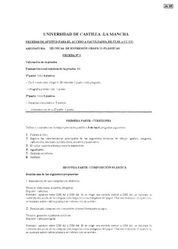 UNIVERSIDAD DE CASTILLA LA l1ANCHA PRUEBAS DE APTffi1D PARA EL ACCESO A FACULTADES EETJSS y CCUU ASIGNATURA TÉCNICAS DE EXPRESIÓN GRÁFICO PLÁSTICAS PRUEBA N 1 Valoración de la prueba Puntuadón total máxima de la prueba 10 1 parte total 4 puntos  De 6 uesticines elegir 3 Se valorará 1 punt cada pregunta  rtografia y redacr1ón 1 plmto 2parte toL1I 6 puntos  Corr1po1úción plástica 5 puntos PRIMERA PARTE CUESTIONES Define o ronhsta con la n1ay0r precisión posible a 3 de as 6 preguntas siguitntes l …