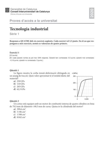 2020 Proves daccés a la universitat Tecnologia industrial Srie 1 Responeu a QUATRE dels sis exercicis segents Cada exercici val 25 punts En el cas que respongueu a més exercicis només es valoraran els quatre primers Exercici 1 25 punts En cada qestió només es pot triar UNA resposta Qestió ben contestada 05 punts qestió mal contestada 016 punts qestió no contestada 0 punts Qestió 1 La figura mostra la corba tensiódeformació obtinguda en un assaig de tracció Quin valor aproximat té el mdul elstic…