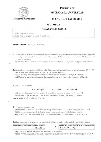 Examen de Química (selectividad de 2000)