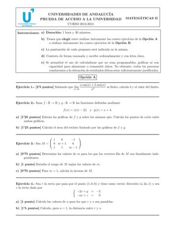 Examen de Matemáticas II (PAU de 2013)