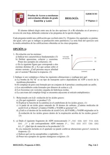 Pruebas de Acceso a enseñanzas universitarias oficiales de grado Castilla y León BIOLOGÍA EJERCICIO N Páginas 2 El alumno deberá elegir entre una de las dos opciones A o B ofertadas en el anverso y reverso de esta hoja debiendo contestar a las preguntas de la opción elegida Cada pregunta tendrá una calificación que oscilará entre 0 y 10 puntos los apartados se puntuarán igual salvo que se indique su puntuación entre paréntesis La nota final del ejercicio será la media aritmética de las califica…