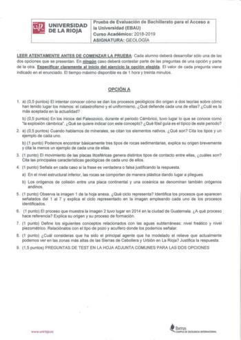 Examen de Geología y Ciencias Ambientales (EBAU de 2019)