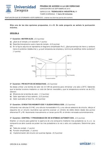 t Universidad fil Zaragoza 1S42 PRUEBA DE ACCESO A LA UNIVERSIDAD CONVOCATORIA DE SEPTIEMBRE DE 2015 EJERCICIO DE TECNOLOGÍA INDUSTRIAL II TIEMPO DISPONIBLE 1 hora 30 minutos PUNTUACIÓN QUE SE OTORGARÁ A ESTE EJERCICIO véanse las distintas partes del examen Elija una de las dos opciones propuestas A o B En cada pregunta se señala la puntuación máxima OPCIÓN A 1 Cuestión MATERIALES 25 puntos a Qué es el temple y el recocido 1 punto b Describa brevemente cuatro tipos de temple 05 puntos c En la f…