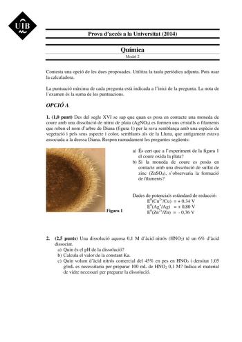 UIB M Prova daccés a la Universitat 2014 Química Model 2 Contesta una opció de les dues proposades Utilitza la taula peridica adjunta Pots usar la calculadora La puntuació mxima de cada pregunta est indicada a linici de la pregunta La nota de lexamen és la suma de les puntuacions OPCIÓ A 1 10 punt Des del segle XVI se sap que quan es posa en contacte una moneda de coure amb una dissolució de nitrat de plata AgNO3 es formen uns cristalls o filaments que reben el nom darbre de Diana figura 1 per …